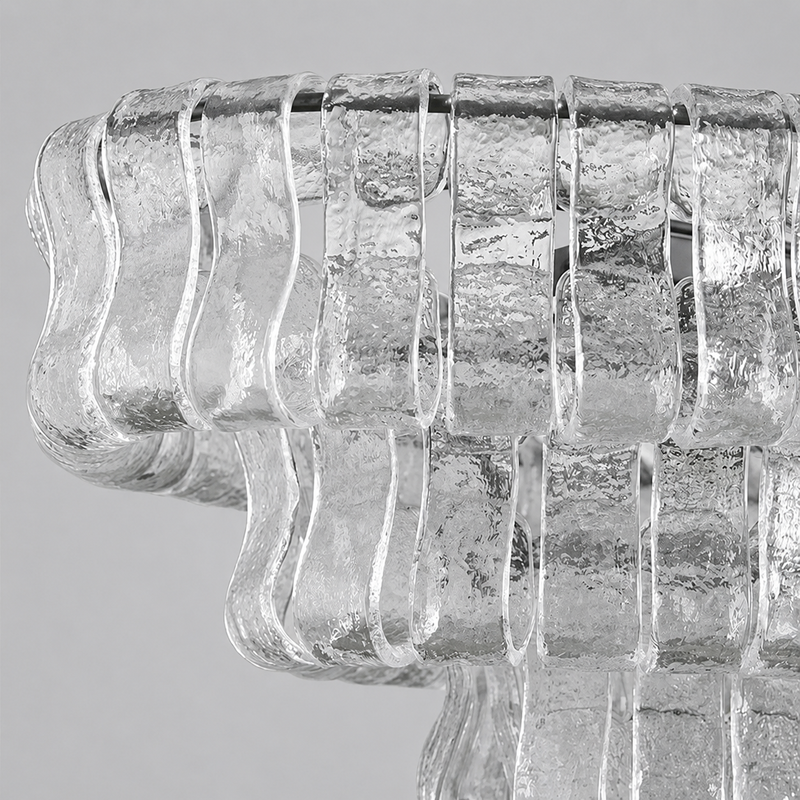 Close-Up of Clear Textured Glass and Bronze Frame Detail on Ghiaccio Oval Chandelier
