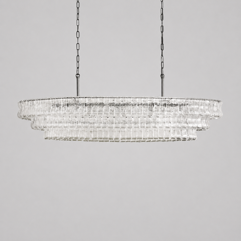 54" Ghiaccio Oval Textured Glass Chandelier with Clear Glass and Bronze Finish, Light Off