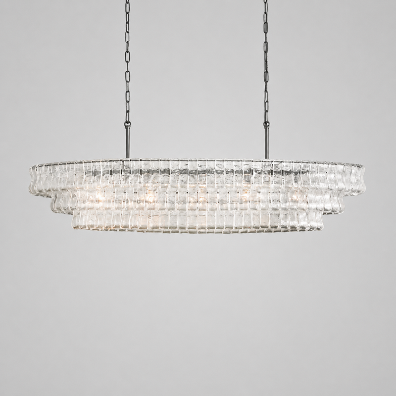 Ghiaccio Oval Textured Glass Chandelier, 54-inch bronze clear textured glass chandelier for dining room, kitchen island, rectangular table, and contemporary lighting