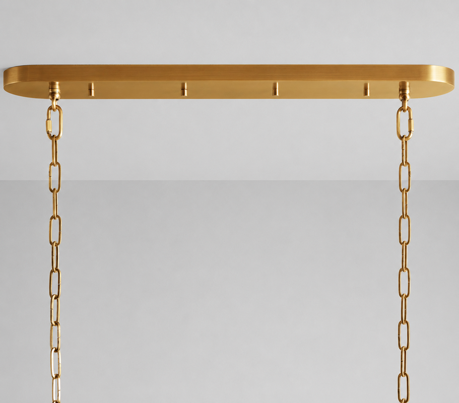 Brass Canopy Detail of Ghiaccio Oval Textured Glass Chandelier