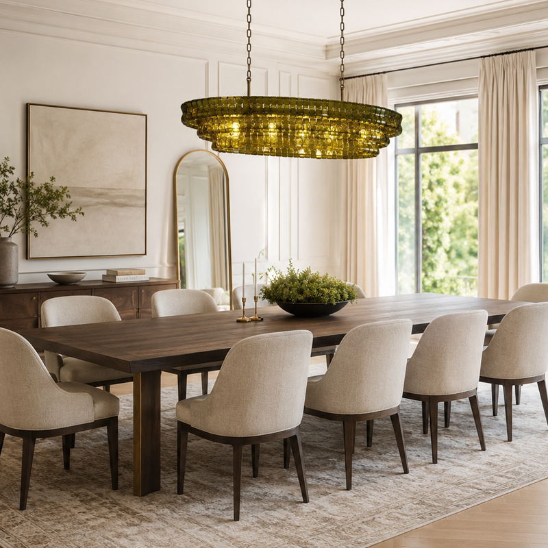 54" Ghiaccio Oval Textured Glass Chandelier with Green Glass and Brass Finish in a Dining Room