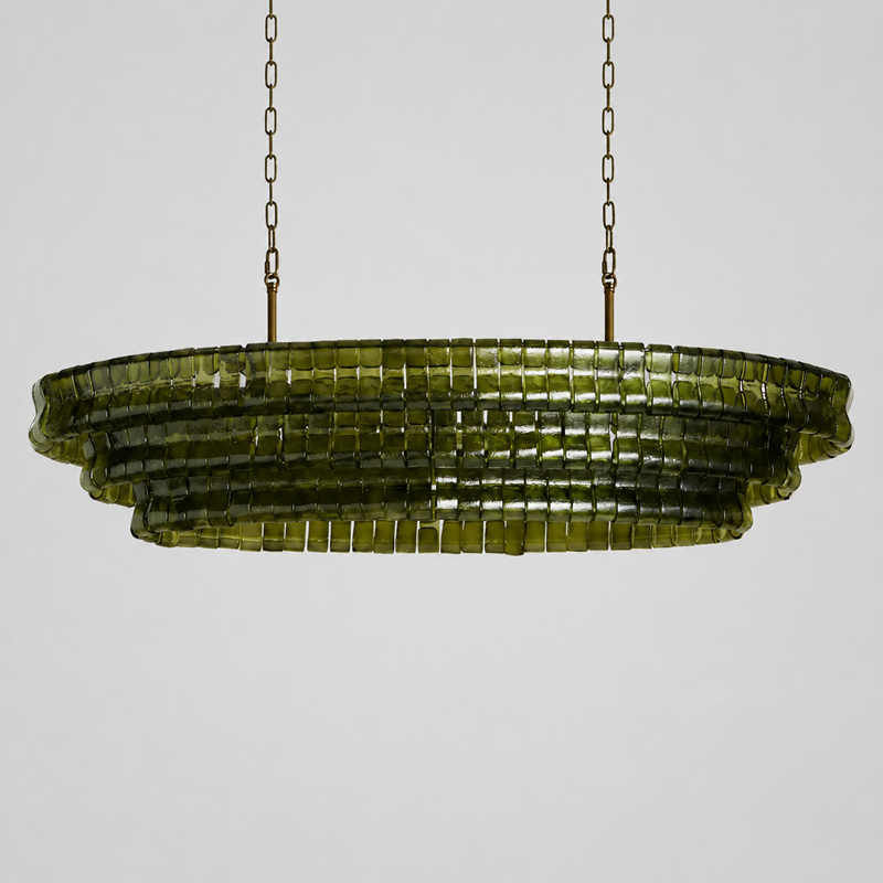 54" Ghiaccio Oval Textured Glass Chandelier with Green Glass and Brass Finish, Light Off