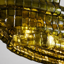 Close-Up of Green Textured Glass and Bronze Frame Detail on Ghiaccio Oval Chandelier