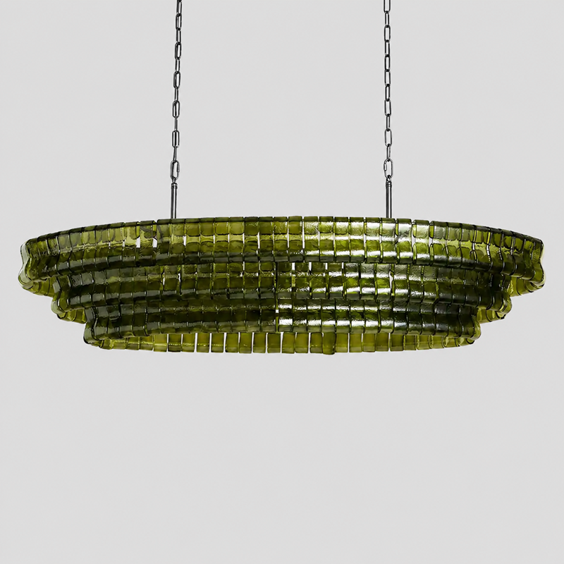 54" Ghiaccio Oval Textured Glass Chandelier with Green Glass and Bronze Finish, Light Off