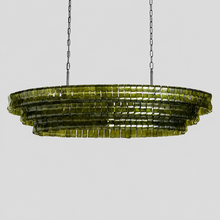54" Ghiaccio Oval Textured Glass Chandelier with Green Glass and Bronze Finish, Light Off