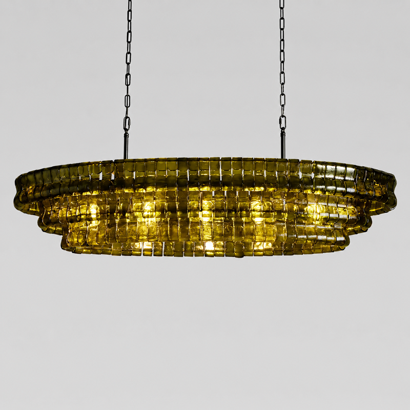 Ghiaccio Oval Textured Glass Chandelier, 54-inch bronze green glass chandelier for dining room, kitchen island, elegant statement lighting, and Art Deco inspired interiors