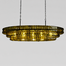 54" Ghiaccio Oval Textured Glass Chandelier with Green Glass and Bronze Finish, Light On