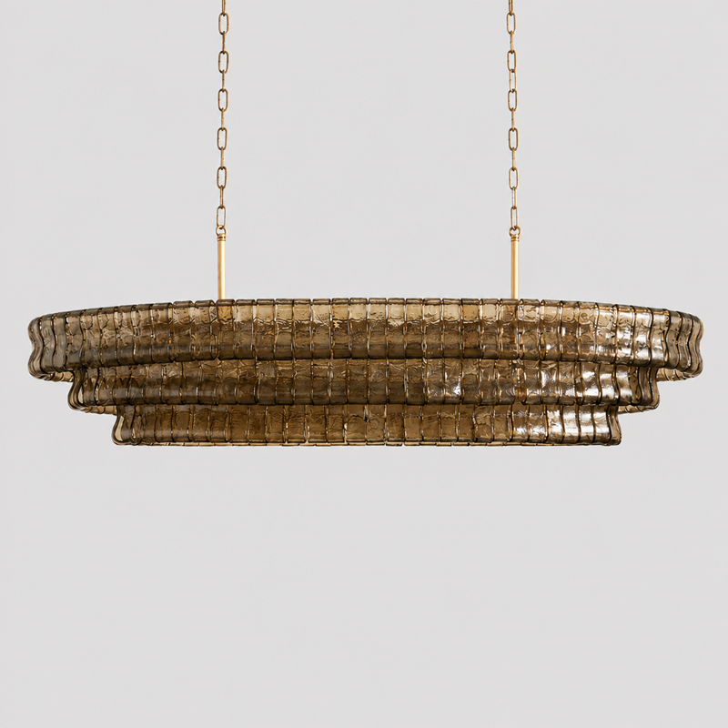 54" Ghiaccio Oval Textured Glass Chandelier with Smoke Glass and Brass Finish, Light Off