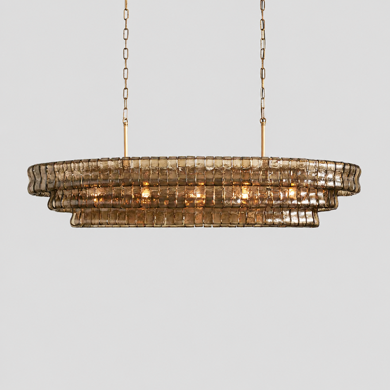 54" Ghiaccio Oval Textured Glass Chandelier with Smoke Glass and Brass Finish, Light On