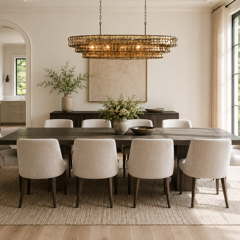 54" Ghiaccio Oval Textured Glass Chandelier with Smoke Glass and Bronze Finish in a Dining Room