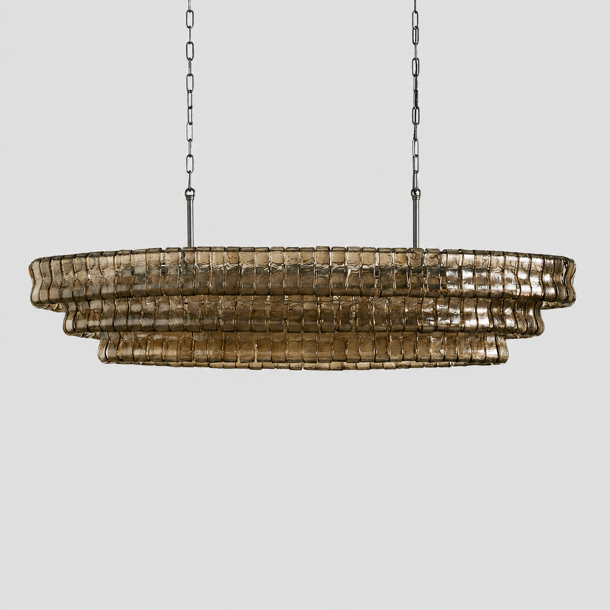 54" Ghiaccio Oval Textured Glass Chandelier with Smoke Glass and Bronze Finish, Light Off