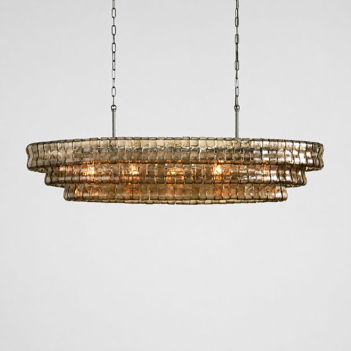 Ghiaccio Oval Textured Glass Chandelier, 54-inch bronze smoke glass chandelier for long dining table, kitchen island, transitional interior, and decorative statement lighting