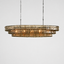54" Ghiaccio Oval Textured Glass Chandelier with Smoke Glass and Bronze Finish, Light On