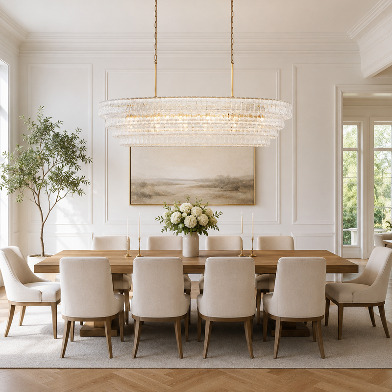 64" Ghiaccio Oval Textured Glass Chandelier with Clear Glass and Brass Finish in a Dining Room