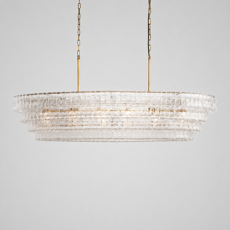 Ghiaccio Oval Textured Glass Chandelier, 64-inch brass clear glass chandelier for large dining room, kitchen island, modern classic interior, and elongated statement lighting