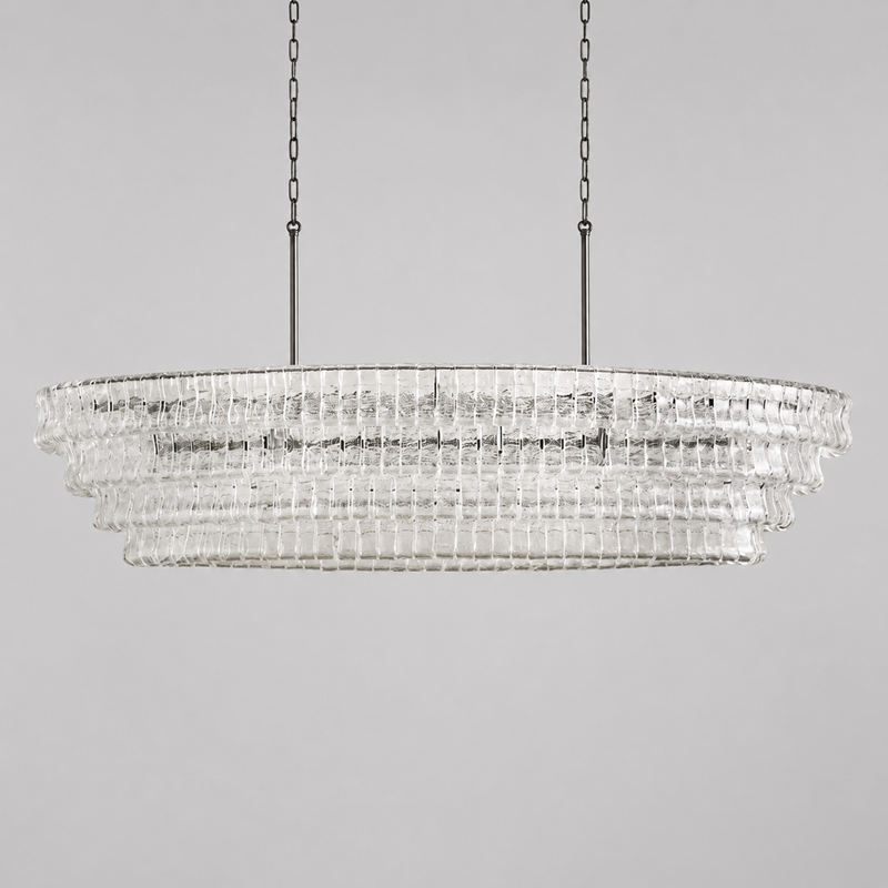 64" Ghiaccio Oval Textured Glass Chandelier with Clear Glass and Bronze Finish, Light Off