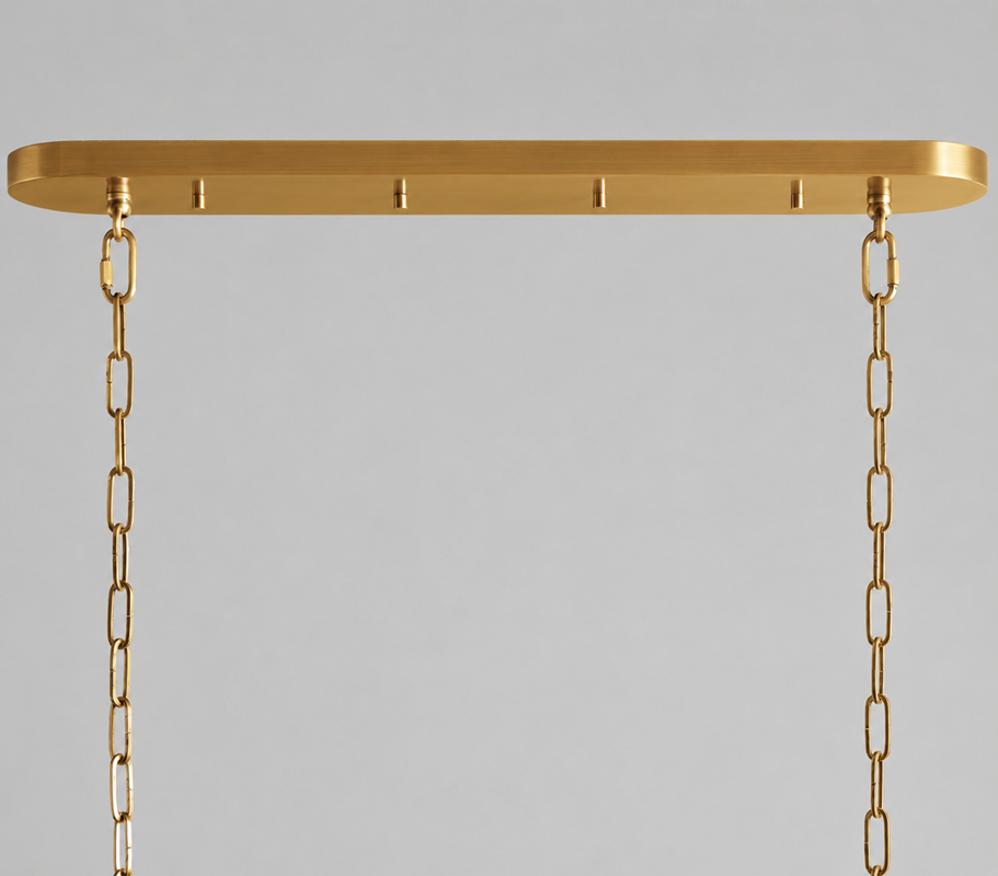 Brass Canopy Detail of Ghiaccio Oval Textured Glass Chandelier