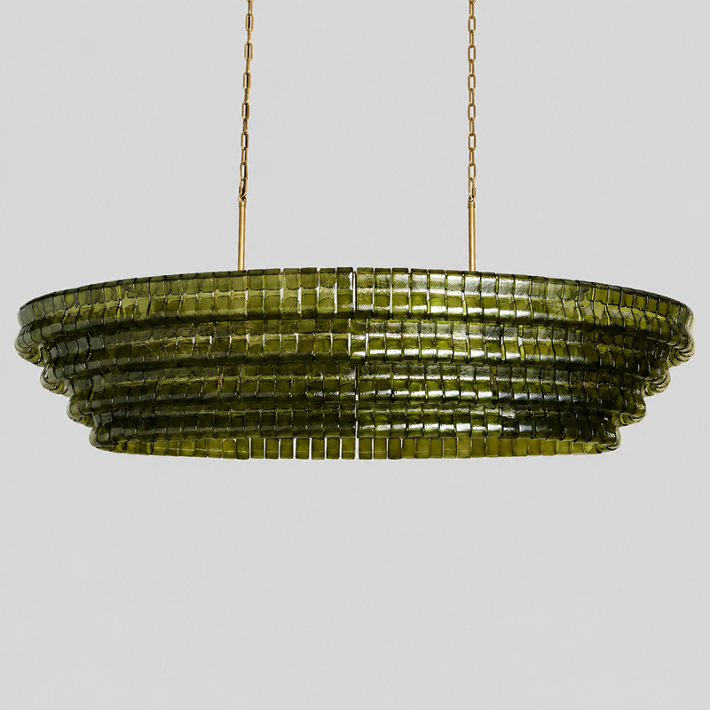 64" Ghiaccio Oval Textured Glass Chandelier with Green Glass and Brass Finish, Light Off