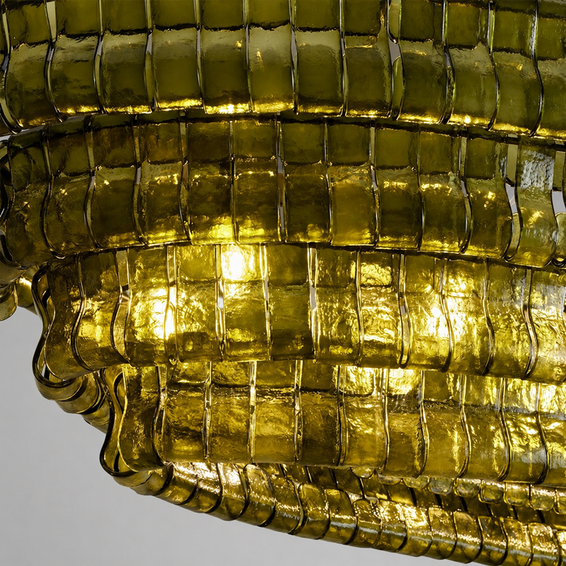 Close-Up of Green Textured Glass and Bronze Frame Detail on Ghiaccio Oval Chandelier
