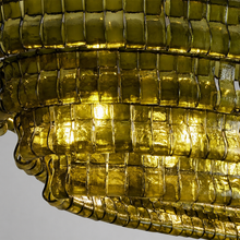Close-Up of Green Textured Glass and Bronze Frame Detail on Ghiaccio Oval Chandelier
