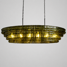 64" Ghiaccio Oval Textured Glass Chandelier with Green Glass and Bronze Finish, Light On