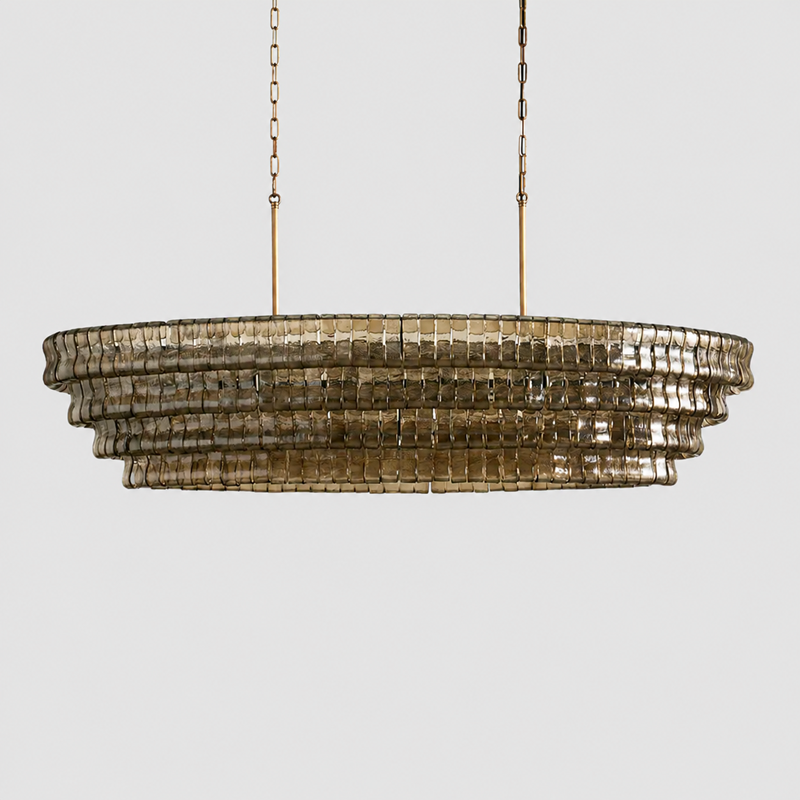 64" Ghiaccio Oval Textured Glass Chandelier with Smoke Glass and Brass Finish, Light Off