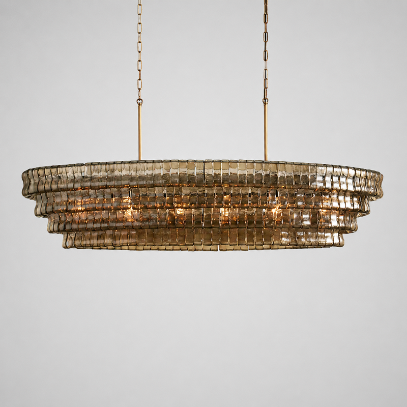 Ghiaccio Oval Textured Glass Chandelier, 64-inch brass smoke glass large chandelier for grand dining room, long kitchen island, open-plan space, and statement lighting