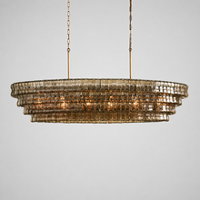 64" Ghiaccio Oval Textured Glass Chandelier with Smoke Glass and Brass Finish, Light On
