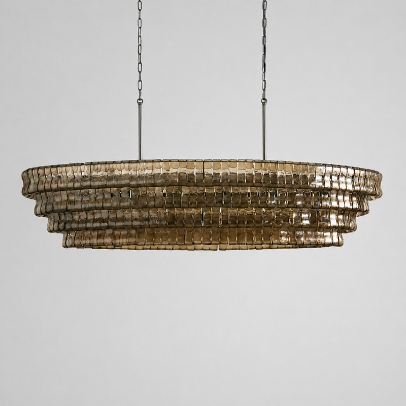 64" Ghiaccio Oval Textured Glass Chandelier with Smoke Glass and Bronze Finish, Light Off