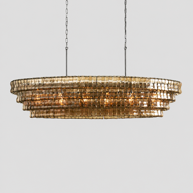 Ghiaccio Oval Textured Glass Chandelier, 64-inch bronze smoke glass chandelier for large dining room, long kitchen island, Art Deco inspired interior, and statement lighting