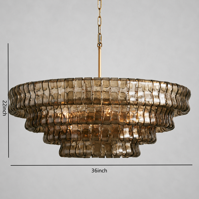 36" Ghiaccio Round Textured Glass Chandelier with Smoke Glass and Brass Finish