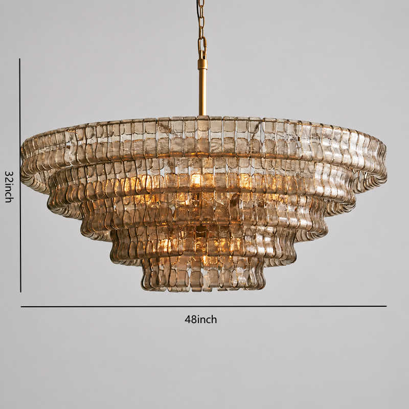 48" Ghiaccio Round Textured Glass Chandelier with Smoke Glass and Brass Finish