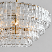Close-Up of Clear Textured Glass and Brass Frame Detail on Ghiaccio Round Chandelier