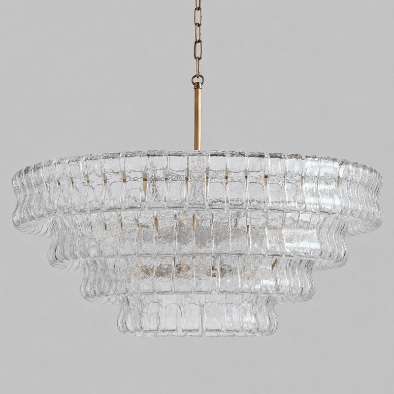 36" Ghiaccio Round Textured Glass Chandelier with Clear Glass and Brass Finish, Light Off