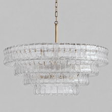 36" Ghiaccio Round Textured Glass Chandelier with Clear Glass and Brass Finish, Light Off