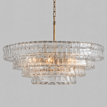 36" Ghiaccio Round Textured Glass Chandelier with Clear Glass and Brass Finish, Light On