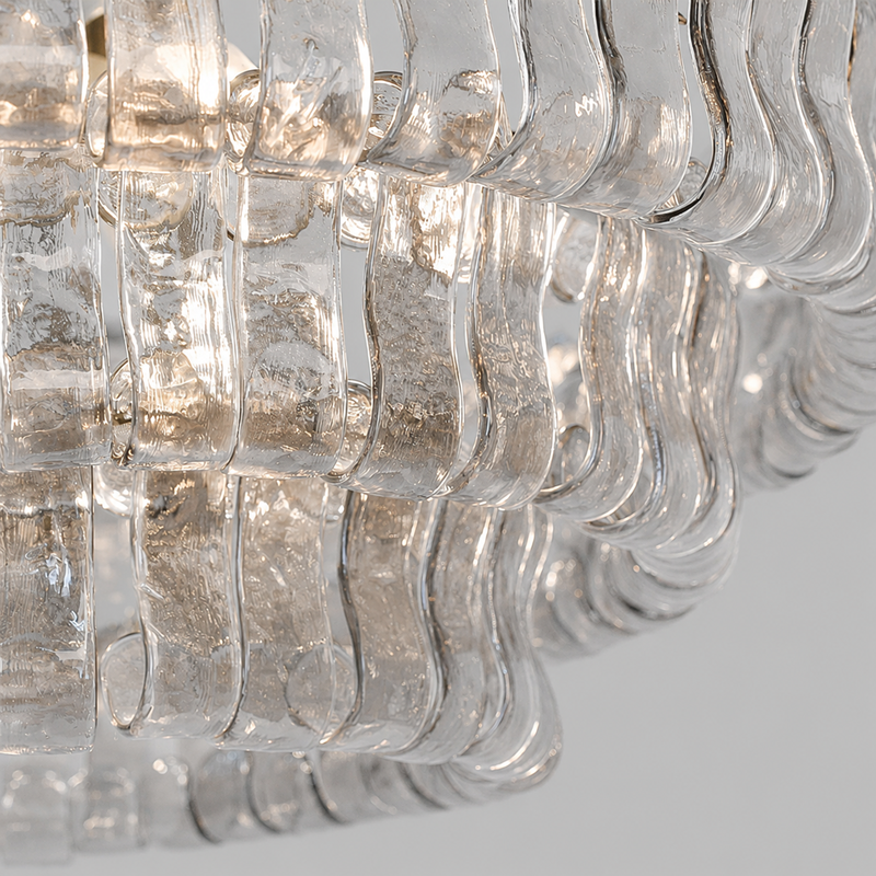 Close-Up of Clear Textured Glass and Bronze Frame Detail on Ghiaccio Round Chandelier