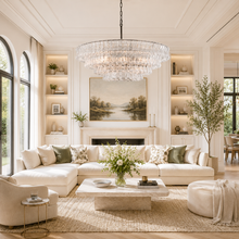36" Ghiaccio Round Textured Glass Chandelier with Clear Glass and Bronze Finish in a Living Room