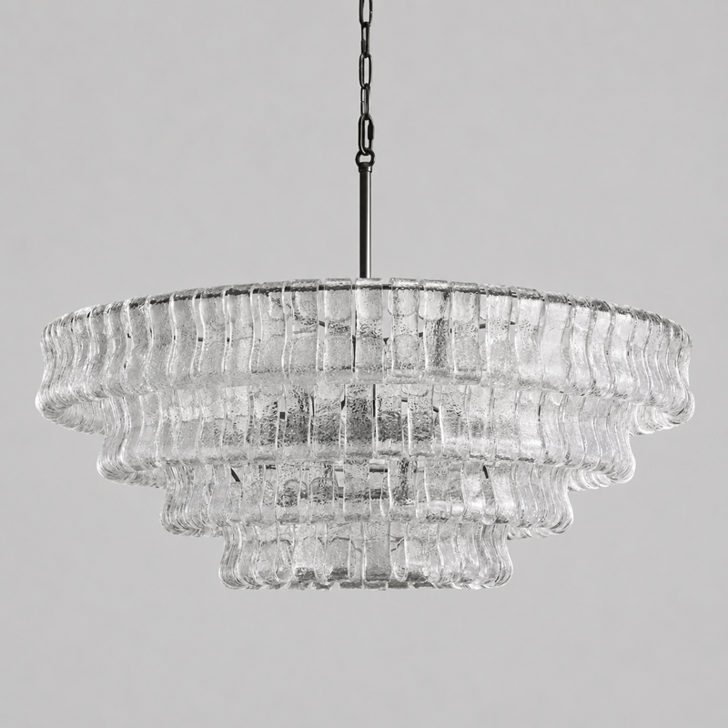 36" Ghiaccio Round Textured Glass Chandelier with Clear Glass and Bronze Finish, Light Off
