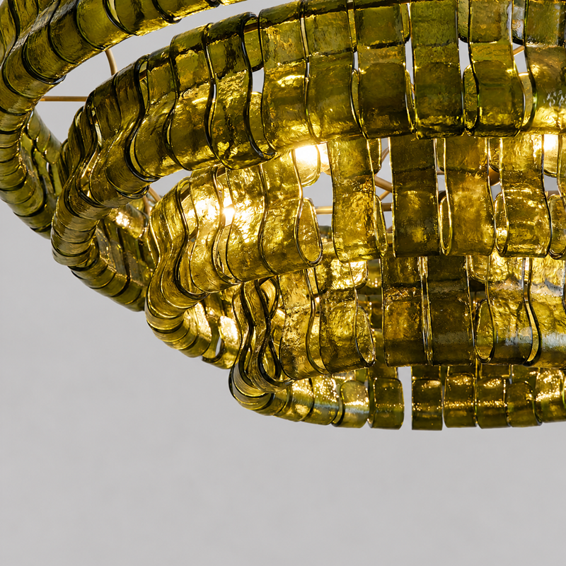 Close-Up of Green Textured Glass and Brass Frame Detail on Ghiaccio Round Chandelier