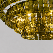 Close-Up of Green Textured Glass and Brass Frame Detail on Ghiaccio Round Chandelier