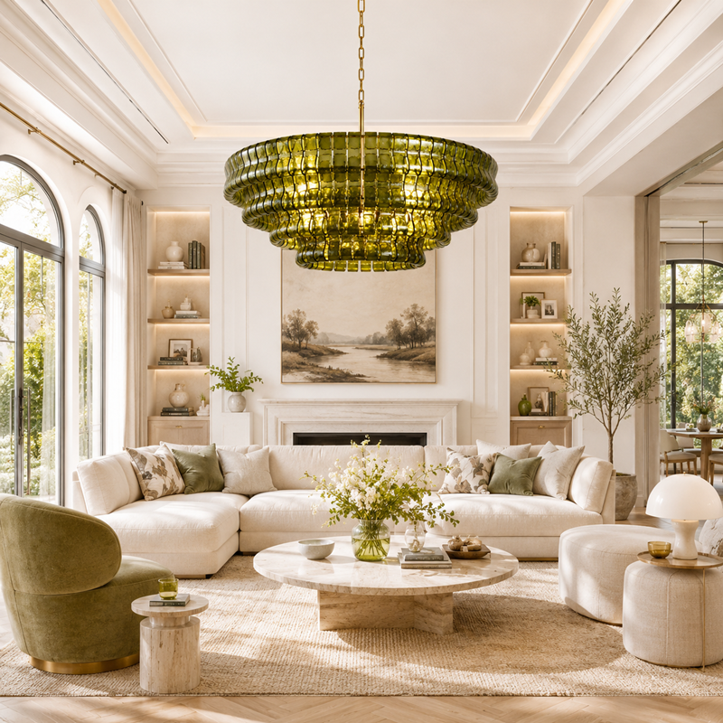 36" Ghiaccio Round Textured Glass Chandelier with Green Glass and Brass Finish in a Living Room