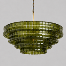 36" Ghiaccio Round Textured Glass Chandelier with Green Glass and Brass Finish, Light Off