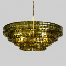 36" Ghiaccio Round Textured Glass Chandelier with Green Glass and Brass Finish, Light On