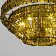 Close-Up of Green Textured Glass and Bronze Frame Detail on Ghiaccio Round Chandelier