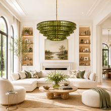 36" Ghiaccio Round Textured Glass Chandelier with Green Glass and Bronze Finish in a Living Room