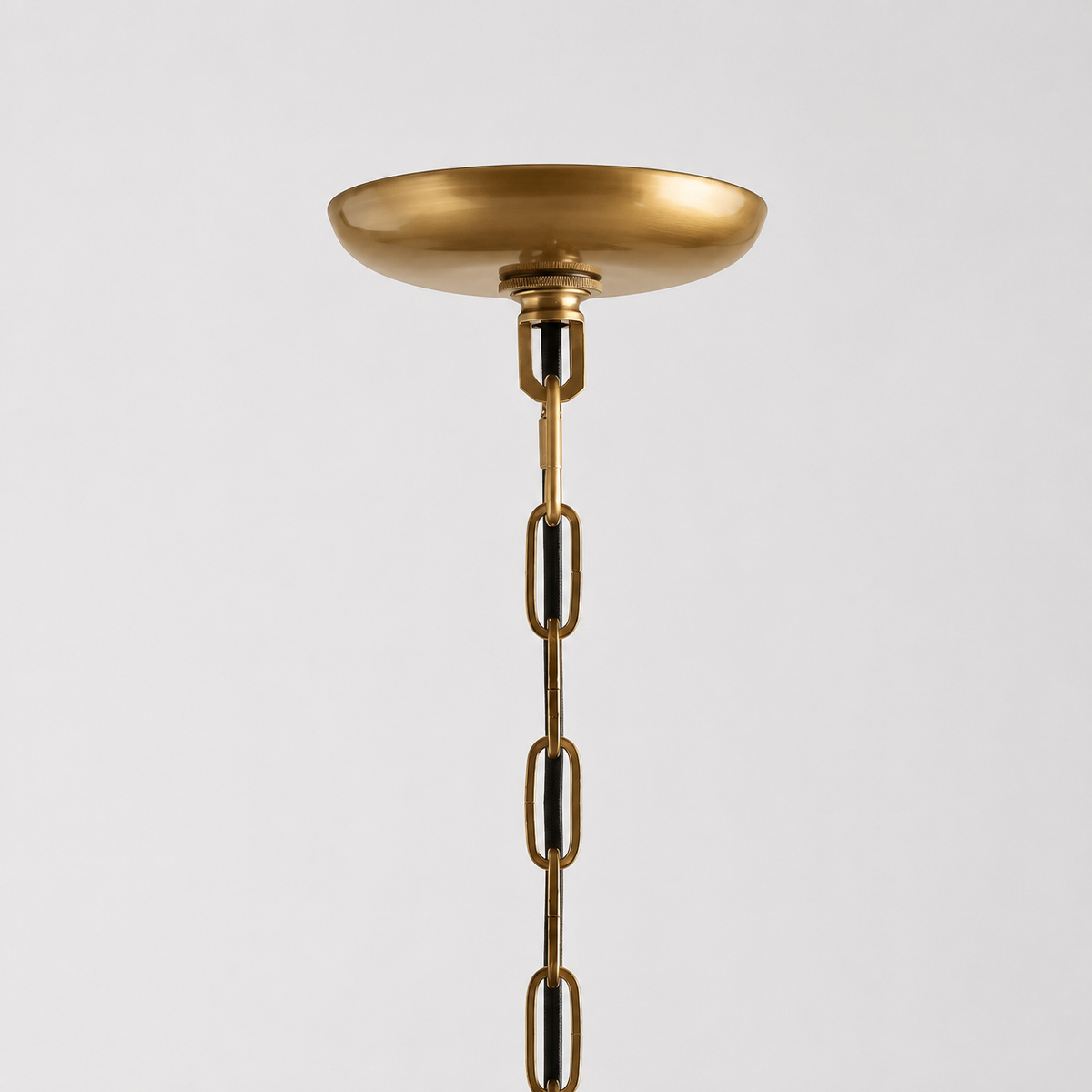 Brass Canopy Detail of Ghiaccio Round Textured Glass Chandelier