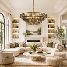 36" Ghiaccio Round Textured Glass Chandelier with Smoke Glass and Brass Finish in a Living Room