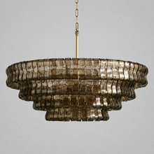 36" Ghiaccio Round Textured Glass Chandelier with Smoke Glass and Brass Finish, Light Off