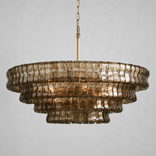 36" Ghiaccio Round Textured Glass Chandelier with Smoke Glass and Brass Finish, Light On